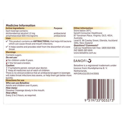 Betadine Sore Throat Lozenges Soothing Honey & Lemon Flavour 16 Pack