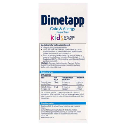Dimetapp Cold and Allergy Colour Free 200mL