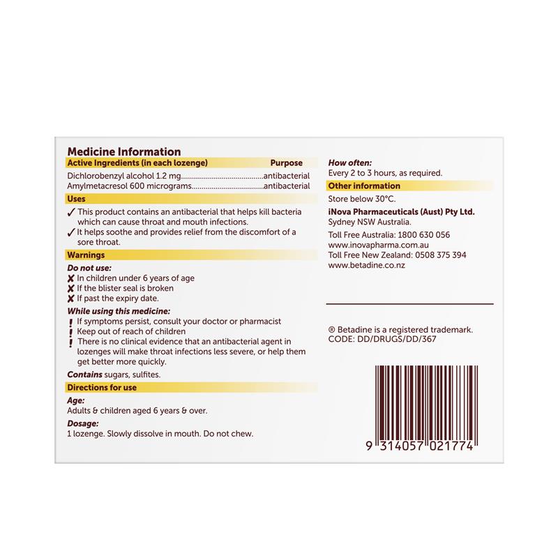 Betadine Sore Throat Lozenges Soothing Honey & Lemon Flavour 36 Pack