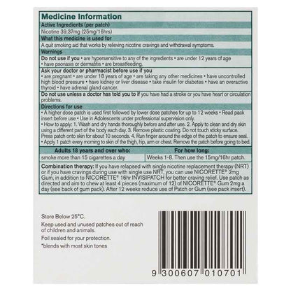 Nicorette Quit Smoking Nicotine 16 hour Invisipatch Step 1 25mg 7 Pack