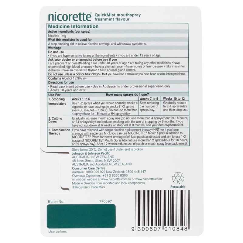 Nicorette Quit Smoking QuickMist Nicotine Mouth Spray Freshmint 150 Pack