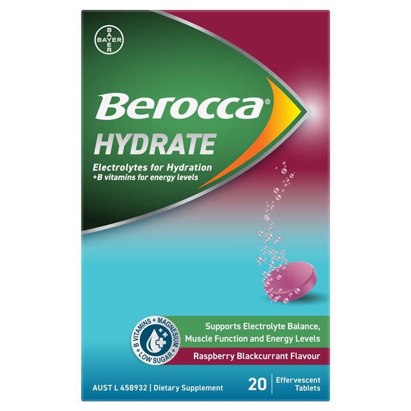 Berocca Hydrate Raspberry Blackcurrant 20 Effervescent Tablets - GimmeNow