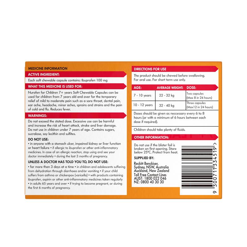 Nurofen For Children 7+ Pain and Fever Relief Chewable Capsules 100mg Ibuprofen Orange 12 pack