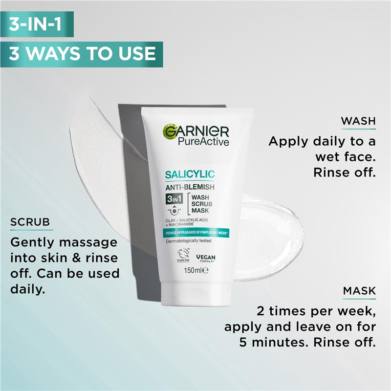 Garnier SkinActive Pure Active 3 in 1 Wash, Scrub & Mask 150mL