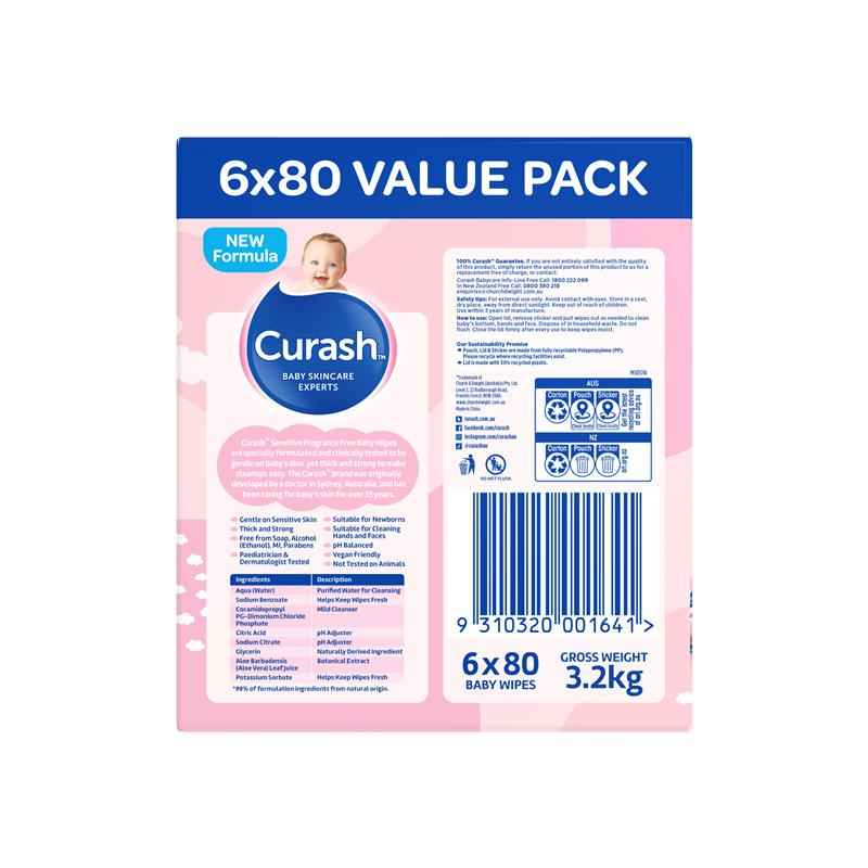 Curash Babycare Fragrance Free Wipes 6 x 80