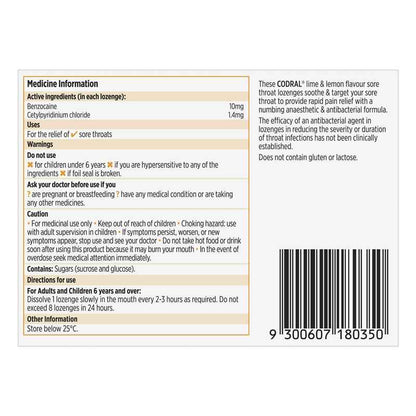 Codral Sore Throat Lozenges Antibacterial + Anaesthetic Lime & Lemon 36 Pack