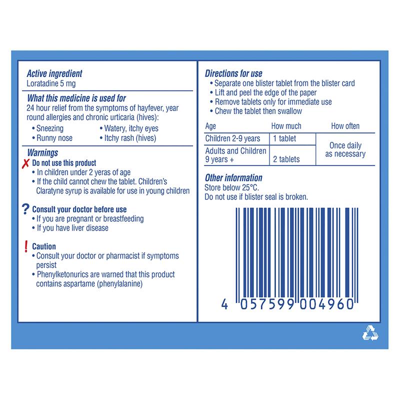 Children's Claratyne Allergy & Hayfever Relief Antihistamine For Kids Bubblegum Flavoured Chewable Tablets 30 pack
