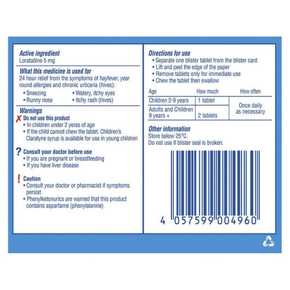 Children's Claratyne Allergy & Hayfever Relief Antihistamine For Kids Bubblegum Flavoured Chewable Tablets 30 pack