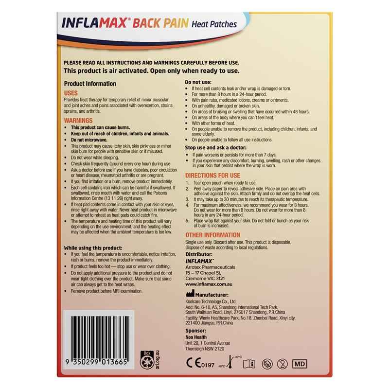 Inflamax Back Pain Heat Patches XL 2 Patches