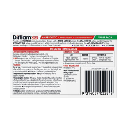 Difflam Plus Triple Action Blackcurrant 32 Lozenges