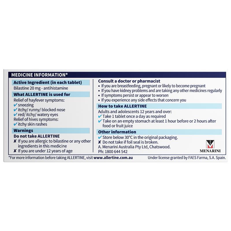 Allertine 20mg 30 Tablets - Bilastine