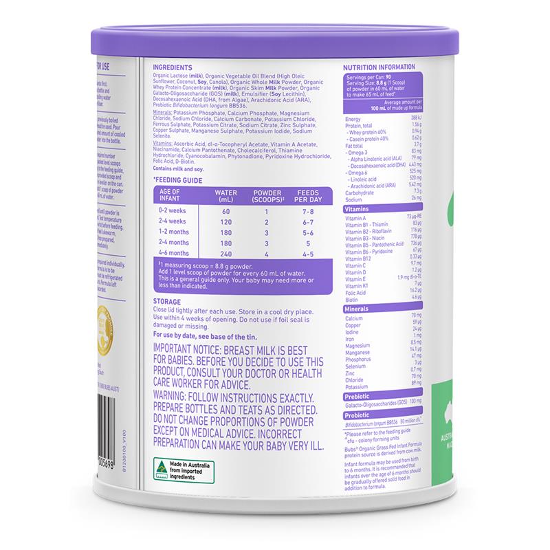 Bubs Organic Grass Fed Stage 1 Infant Milk Formula 800g