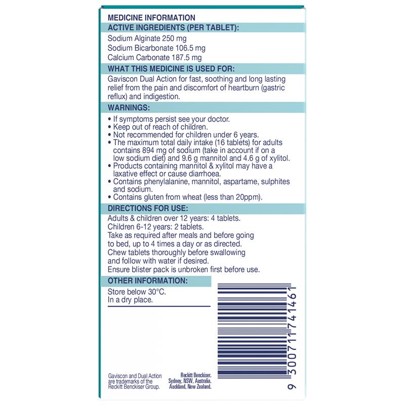 Gaviscon Dual Action Chewable Tablets Heartburn and Indigestion Relief Mixed Berry 48 Pack