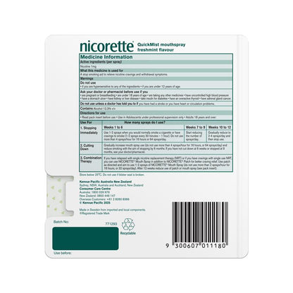 Nicorette Quit Smoking QuickMist Nicotine Mouth Spray Freshmint 3 x 150 Pack