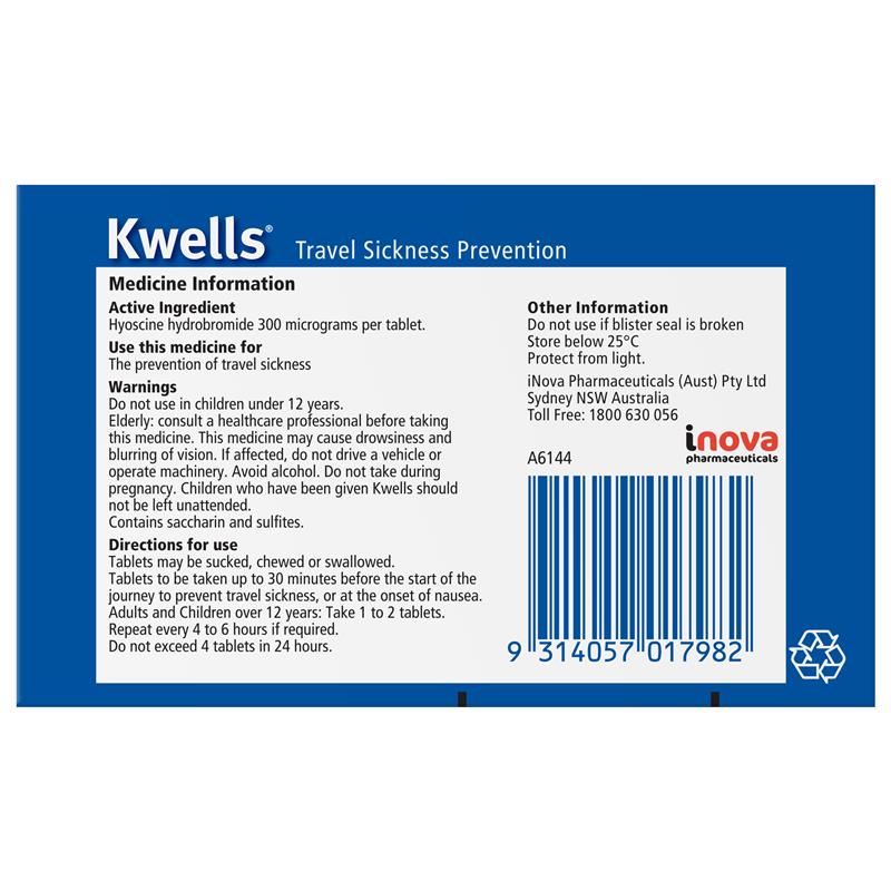 Kwells Travel Sickness 12 Chewable Tablets