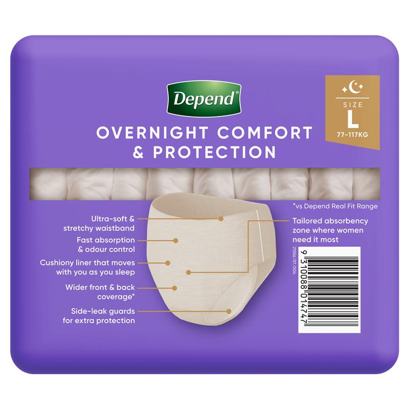 Depend Night Defence Incontinence Underwear for Women Large 8 Pack