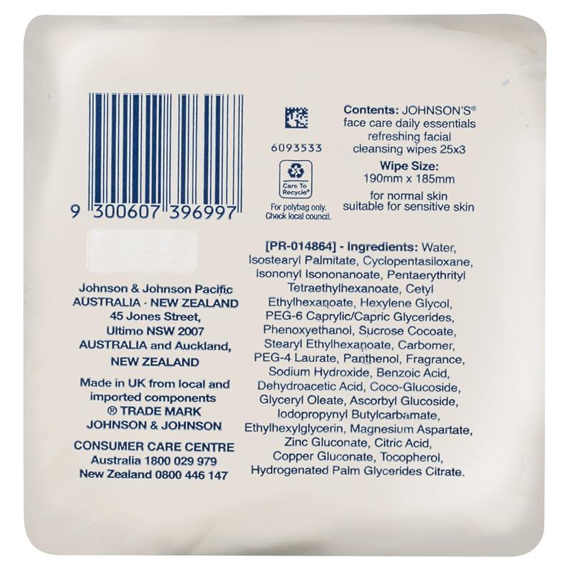 Johnson's Face Care Refreshing Facial Cleansing Wipes For Normal Skin 3 x 25 Pack