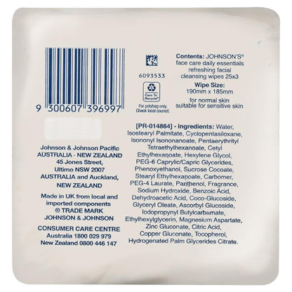 Johnson's Face Care Refreshing Facial Cleansing Wipes For Normal Skin 3 x 25 Pack