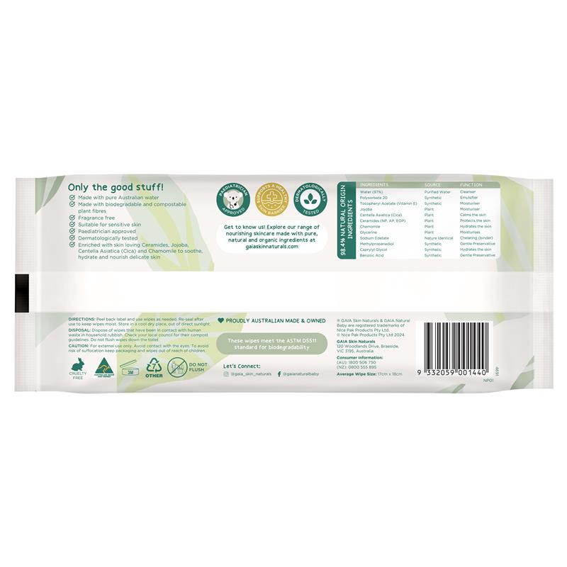 GAIA Biodegradable Water Wipes 70 Pack