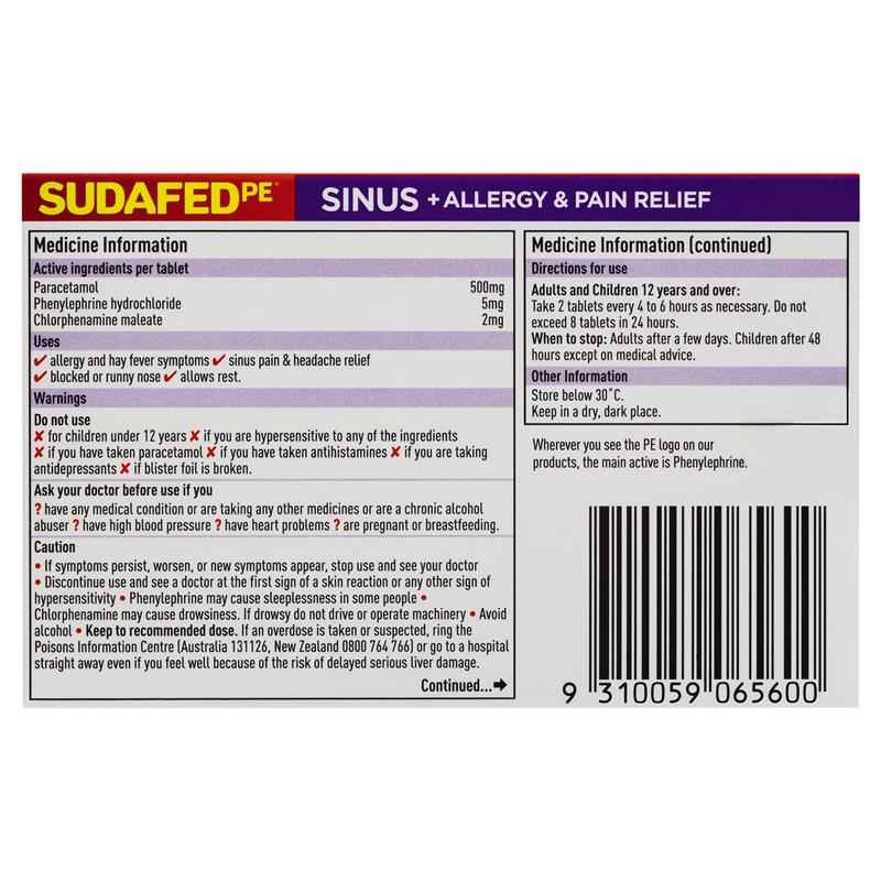 Sudafed PE Sinus + Allergy & Pain Relief Tablets 24 Pack
