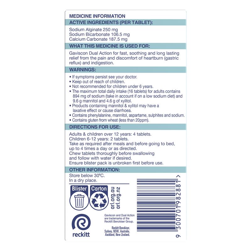 Gaviscon Dual Action Chewable Tablets Peppermint Heartburn & Indigestion Relief 16 Pack