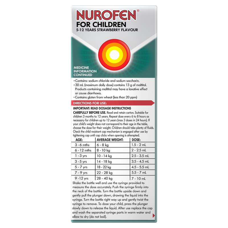 Nurofen For Children 5-12yrs Pain and Fever Relief Concentrated Liquid 200mg/5mL Ibuprofen Strawberry 200mL