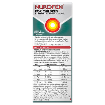 Nurofen For Children 5-12yrs Pain and Fever Relief Concentrated Liquid 200mg/5mL Ibuprofen Strawberry 200mL