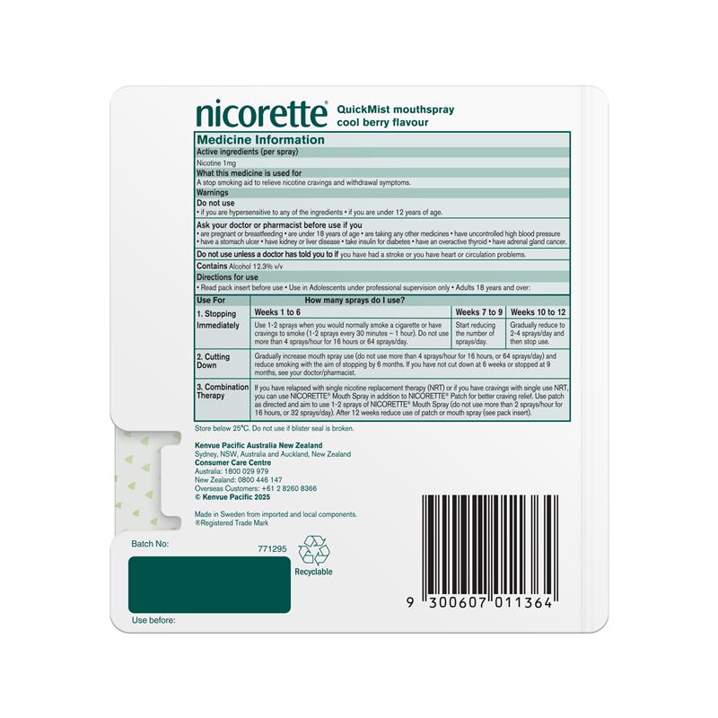 Nicorette Quit Smoking QuickMist Nicotine Mouth Spray Cool Berry 3 x 150 Pack