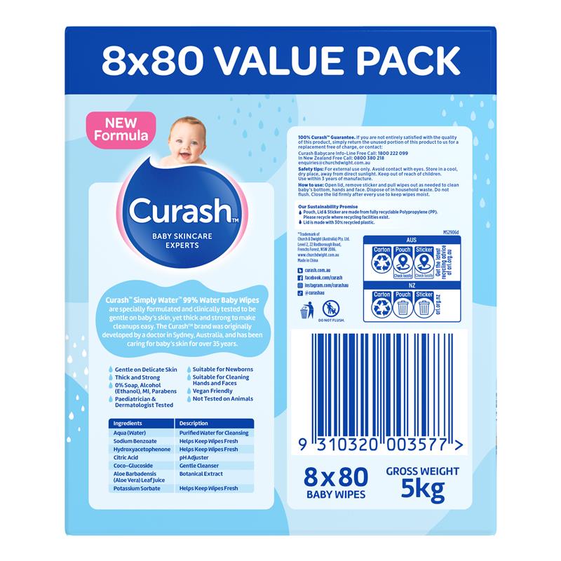 Curash Simply Water Wipes 8x80 Pack