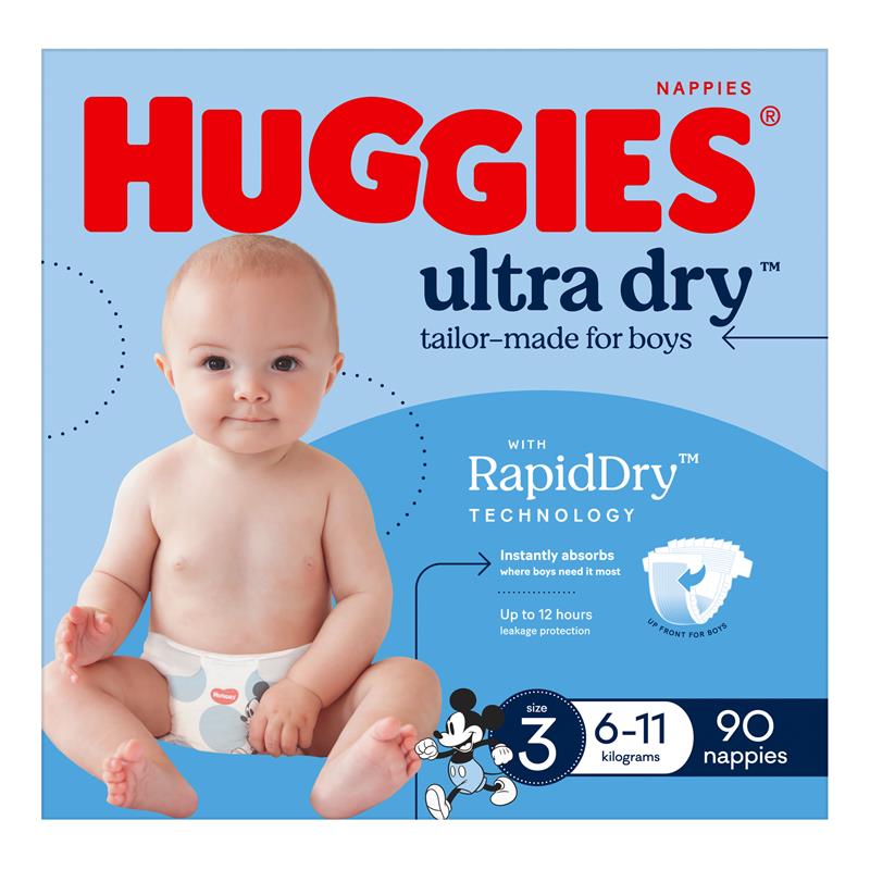 Huggies Ultra Dry Nappies Boy Size 3 Jumbo 90 Pack
