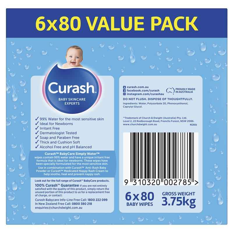 Curash Simply Water Wipes 6 x 80 Pack