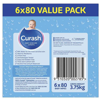 Curash Simply Water Wipes 6 x 80 Pack