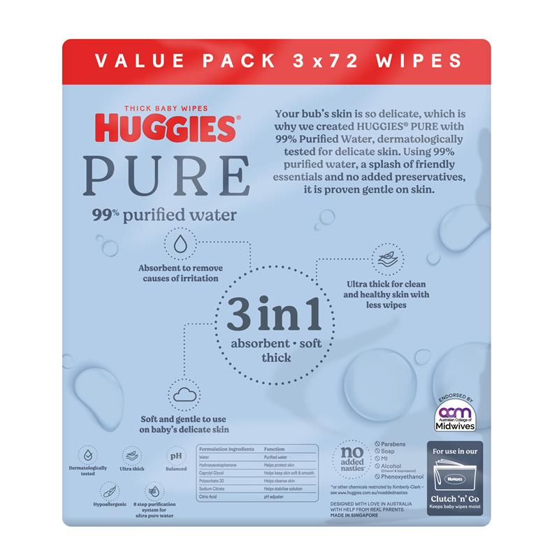 Huggies PURE 99% Purified Water Baby Wipes 216 Pack