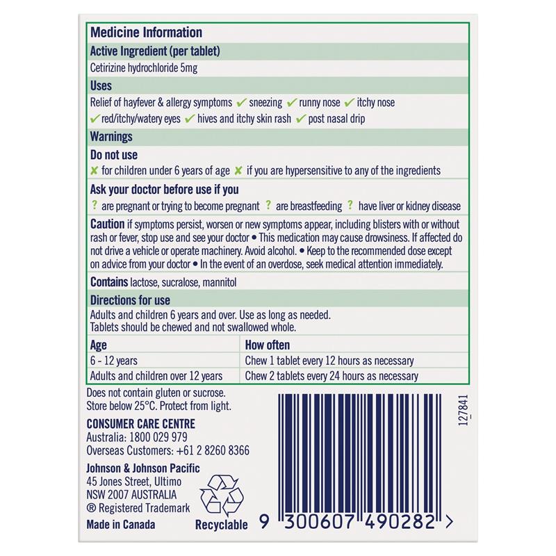 Zyrtec Kids Antihistamine Allergy & Hayfever Chewable Tablet Grape 30 Pack