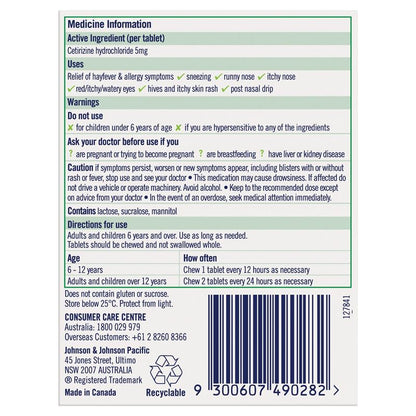 Zyrtec Kids Antihistamine Allergy & Hayfever Chewable Tablet Grape 30 Pack