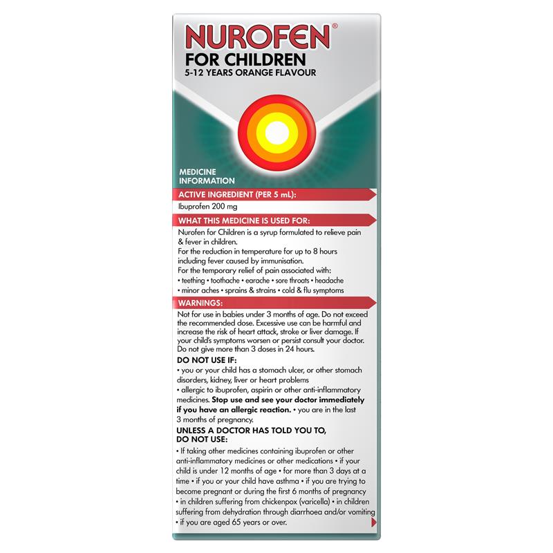 Nurofen For Children 5-12yrs Pain and Fever Relief Concentrated Liquid 200mg/5mL Ibuprofen Orange 200mL