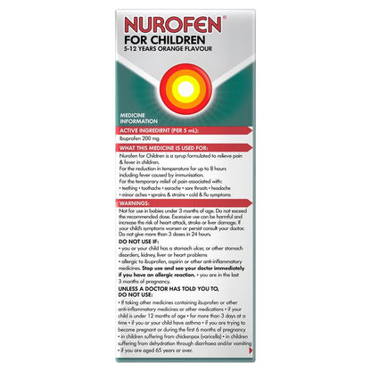 Nurofen For Children 5-12yrs Pain and Fever Relief Concentrated Liquid 200mg/5mL Ibuprofen Orange 200mL