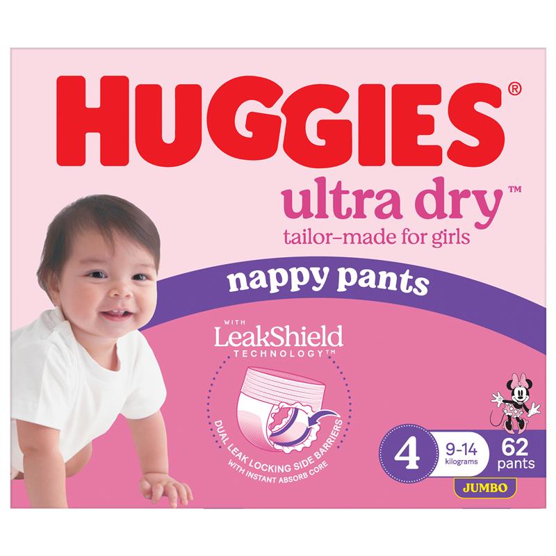 Huggies Ultra Dry Nappy Pants Girls Size 4 (9-14kg) 62 Pack