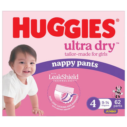 Huggies Ultra Dry Nappy Pants Girls Size 4 (9-14kg) 62 Pack