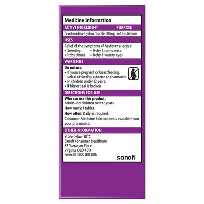 Telfast Hayfever Allergy Tablets 120mg 30 Pack