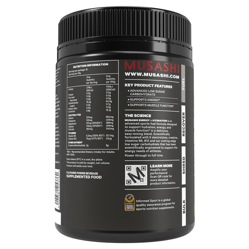 Musashi Energy + Hydration Lemonlime Flavour 450g