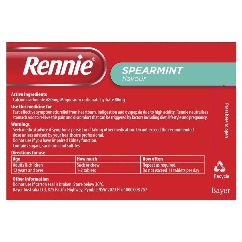 Rennie Indigestion and Heartburn Relief Spearmint 96 Chewable Tablets