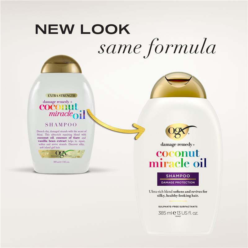 Ogx Extra Strength Damage Remedy + Hydrating & Repairing Coconut Miracle Oil Shampoo For Damaged & Dry Hair 385mL