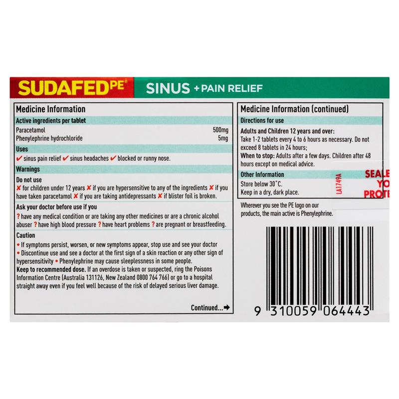 Sudafed PE Sinus + Pain Relief Tablets 48 Pack