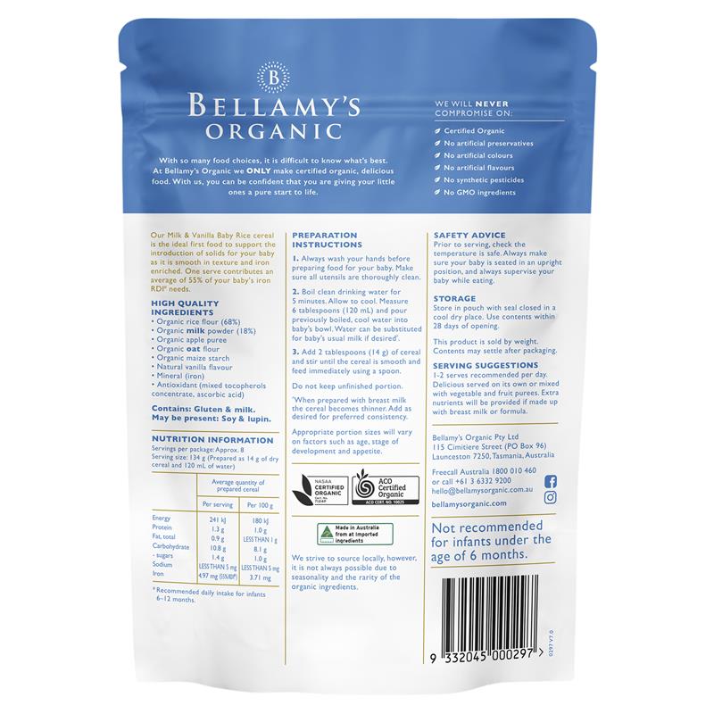 Bellamy's Organic Milk & Vanilla Baby Rice Cereal 125g
