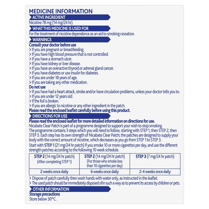 Nicabate Clear Patch Quit Smoking Step 2 14mg 7 Patches