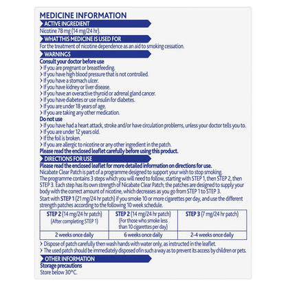 Nicabate Clear Patch Quit Smoking Step 2 14mg 7 Patches
