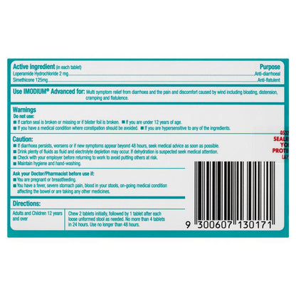 Imodium Advanced Diarrhoea Plus Wind Pain Chewable Tablets Mint Flavour 12 Pack