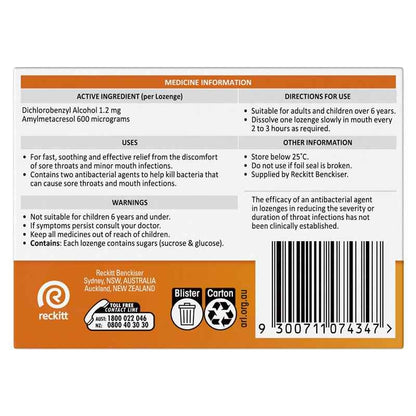 Strepsils Soothing Lozenges Orange 16pk Sore Throat Double Antibacterial