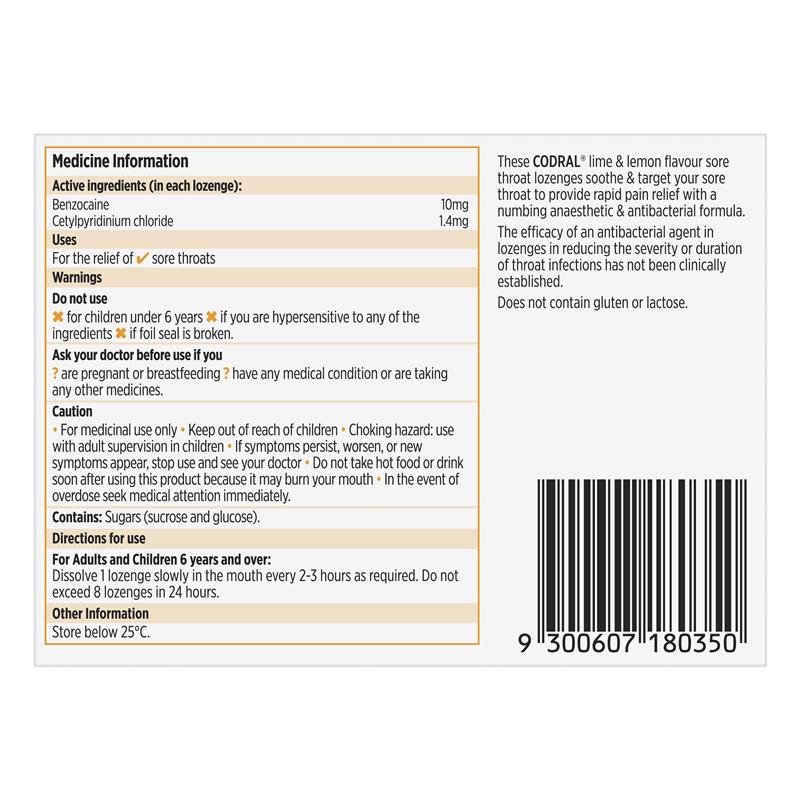 Codral Sore Throat Lozenges Antibacterial + Anaesthetic Lime & Lemon 36 Pack